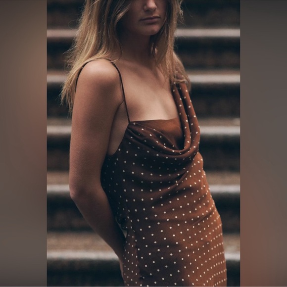 ZARA Brown Draped Neck Polka Dot Maxi Dress - Picture 9 of 15